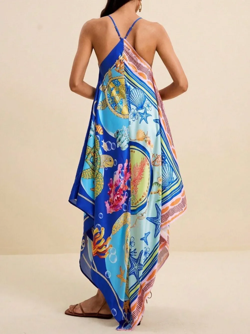 Multicolor Boho Women's V-Neck Spaghetti Strap Ocean Print Maxi Beach Dress_2